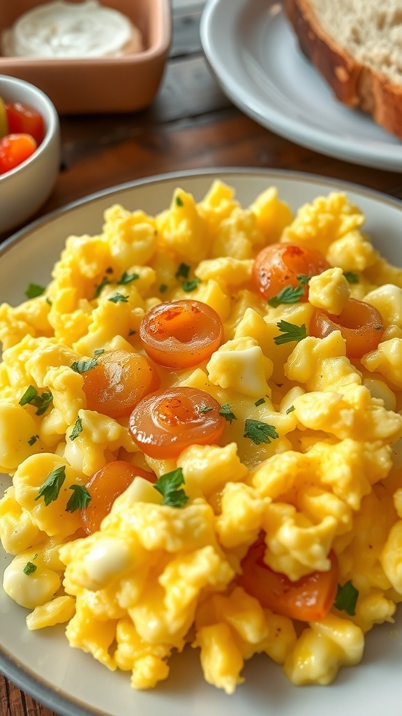 Fluffy scrambled eggs with sautéed onions on a plate, garnished with herbs, alongside toast and fruit.
